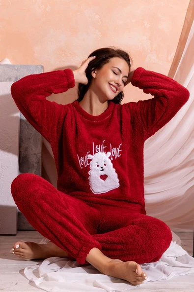 Tam Peluş Kışlık Kadın Pijama Takımı- Polar Yılbaşı Pijaması ürün görseli 1