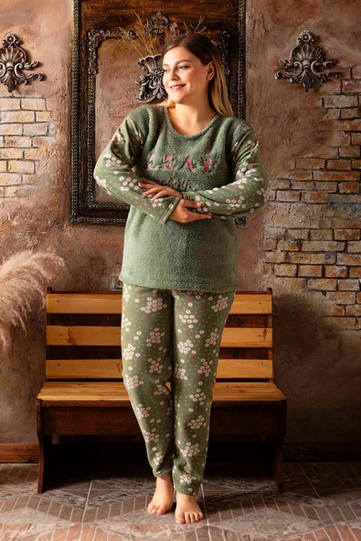 Büyük Beden Peluş Polar Pijama Takımı- Kışlık Büyük Beden Kadın Pijama ürün görseli 1