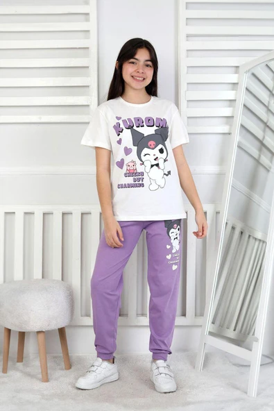 Kız Çocuk Kuromi Desenli %100 Pamuk Pijama Takımı – Yazlık Ev Giyimi ürün görseli 1
