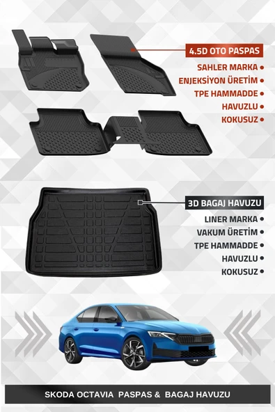 Sahler Skoda Octavia 2020+ Uyumlu 4.5D Premium Havuzlu Oto Paspas ve Liner Marka 3D Bagaj Havuzu ürün görseli 1