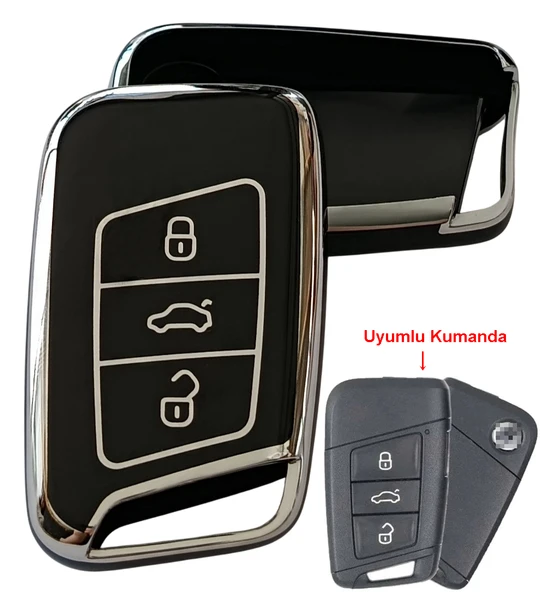 Volkswagen Passat B8 Skoda Superb Kodiaq Uyumlu Smart Anahtar Kılıfı Oto Anahtarlık Siyah Silver ürün görseli 1