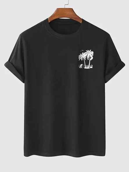 Baskılı Oversize Bisiklet Yaka T-shirt - Siyah ürün görseli 1
