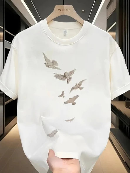 Baskılı Oversize Bisiklet Yaka T-shirt - Beyaz ürün görseli 1