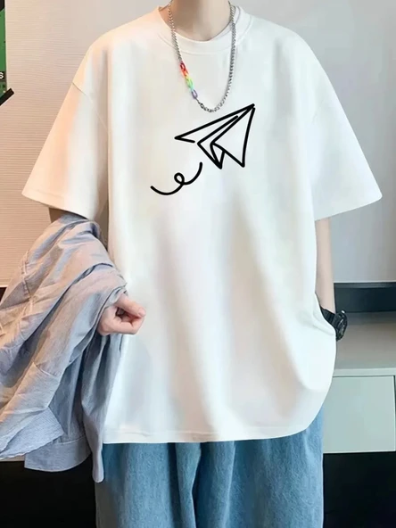 Baskılı Oversize Bisiklet Yaka T-shirt - Beyaz ürün görseli 1