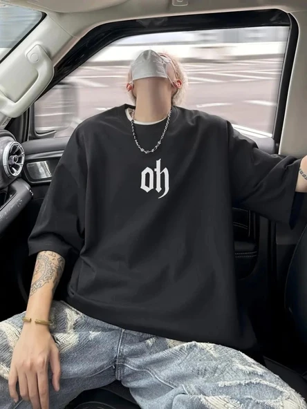 Baskılı Oversize Bisiklet Yaka T-shirt - Siyah ürün görseli 1