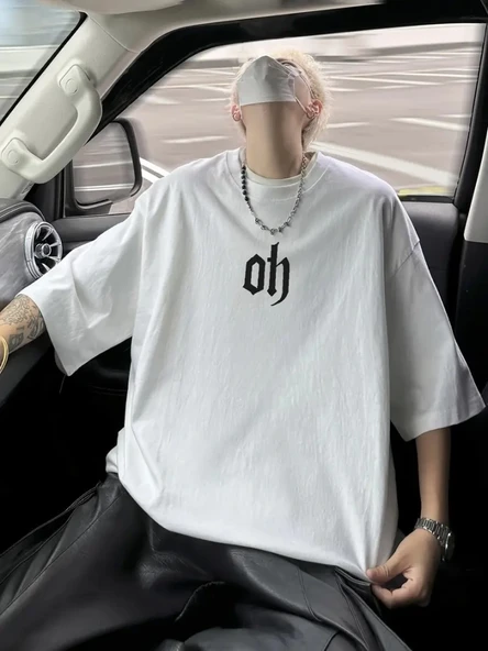 Baskılı Oversize Bisiklet Yaka T-shirt - Beyaz ürün görseli 1