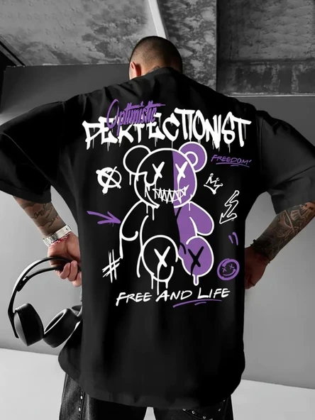 Baskılı Oversize Bisiklet Yaka T-shirt - Siyah ürün görseli 1