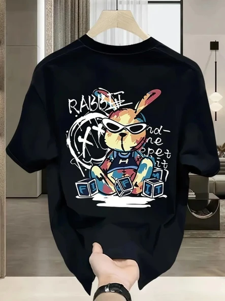 Baskılı Oversize Bisiklet Yaka T-shirt - Siyah ürün görseli 1