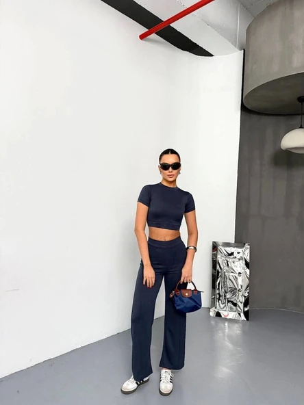 Osy Modal Yumuşak Dokulu Kumaş Kısa Kollu Crop Alt Ispanyol Paça Pantalon Ikili Takım - Füme ürün görseli 1