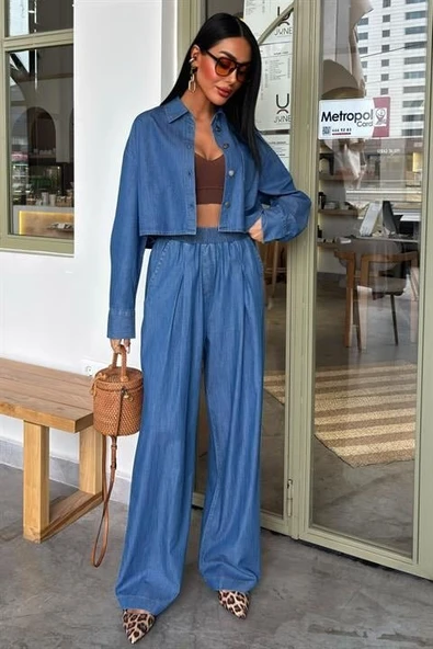 Denim Gömlek Plazzo Pantolon Takım 10163-08 ürün görseli 1