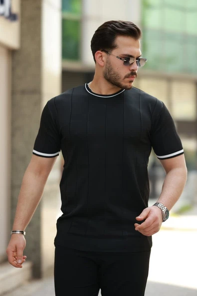 Erkek Bisiklet Yaka çizgi Desenli Ribanalı Kısa Kollu Tshirt ürün görseli 1