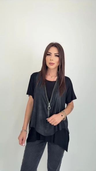 Kadın Kısa Kollu Yuvarlak Yaka Viskon Bluz + Kolsuz Fermuarlı çatlak Deri Yelek ürün görseli 1