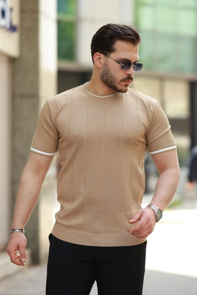 Erkek Bisiklet Yaka çizgi Desenli Ribanalı Kısa Kollu Tshirt ürün görseli 1