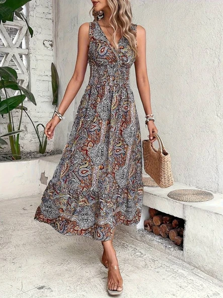Kadın Beli Gipeli Etnik Desen Sıfır Kol Süprem Elbise ürün görseli 1
