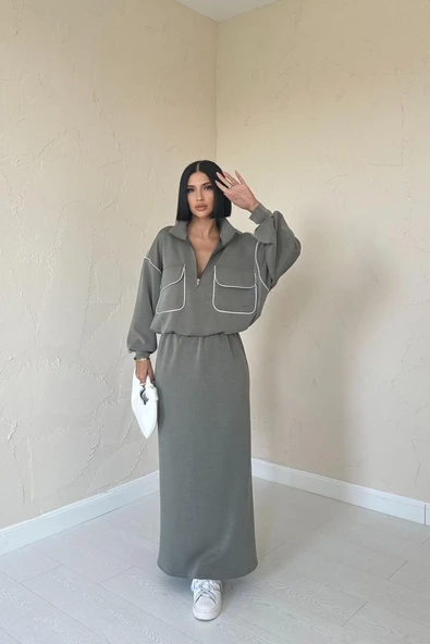 Haki Biyeli Sweatshirt Ve Etek Takım ürün görseli 1