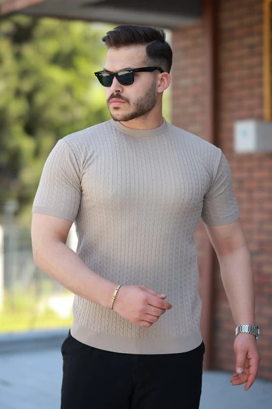 Erkek Bisiklet Yaka örgü Desenli Kısa örme Triko Kısa Kollu T-shirt ürün görseli 1
