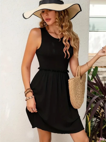 Kadın Kolsuz Bel Lastik Ve Büzgü Detay Viskon Mini Elbise ürün görseli 1
