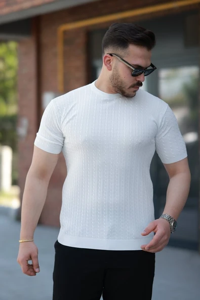 Erkek Bisiklet Yaka örgü Desenli Kısa örme Triko Kısa Kollu T-shirt ürün görseli 1