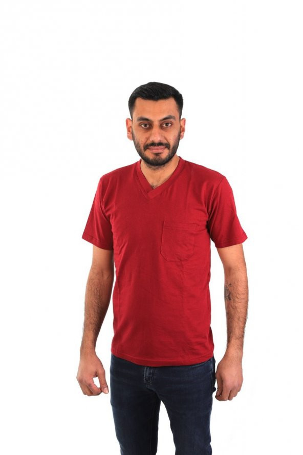 ESER - V Yaka Kısa Kol Penye İş Tişörtü - Cepli - Bordo ürün görseli 1