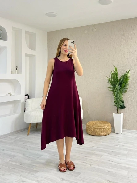 Kadın Askılı Yuvarlak Yakalı Asimetrik Kesim Detaylı Viskon Elbise ürün görseli 1