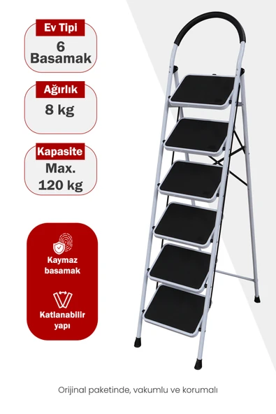 Asvera Vertika 6 Basamaklı Beyaz Geniş Basamaklı Ev Tipi Merdiven - Süngerli Tutma Kollu Merdiven ürün görseli 1