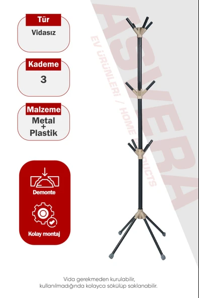 Asvera T.E.A.K. Moderna Ayaklı Portmanto Askılık - Modern Metal Elbise Şapka Çanta Askısı ürün görseli 1