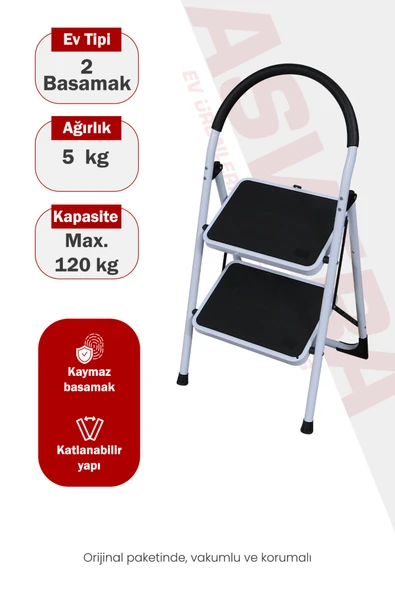 Asvera Vertika 2 Basamaklı Beyaz Geniş Basamaklı Ev Tipi Merdiven - Süngerli Tutma Kollu Merdiven ürün görseli 1