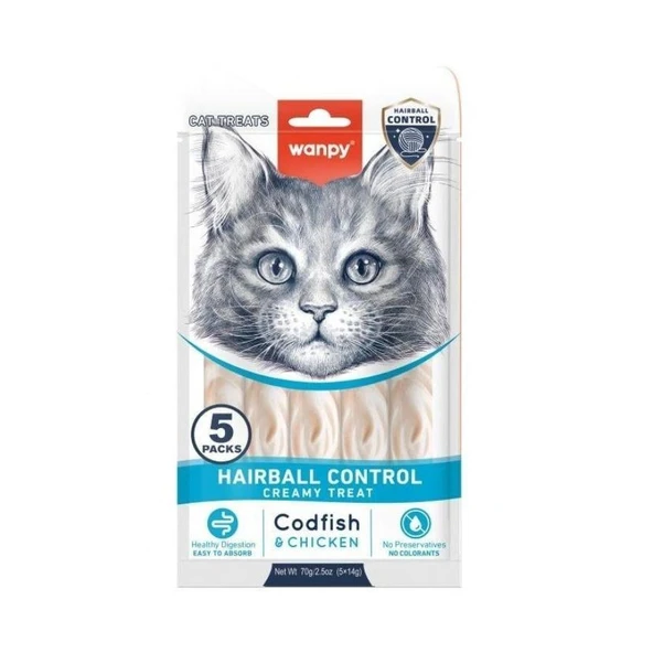Wanpy Hairball Control Morina Balığı ve Tavuklu Sıvı Krema Kedi Ödülü 5x14 Gr ürün görseli 1