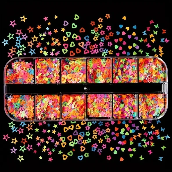 Karanlıkta Parlayan Neon Tırnak Süsleme Folyo Pulları Kalpler Yıldızlar Nail Art ürün görseli 1