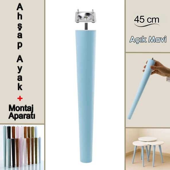 Ahşap Ayak 45 Cm Açık Mavi M8 Civatalı Bağlantı Aparatlı Mobilya Tabure Sehpa Masa Destek Ayağı ürün görseli 1