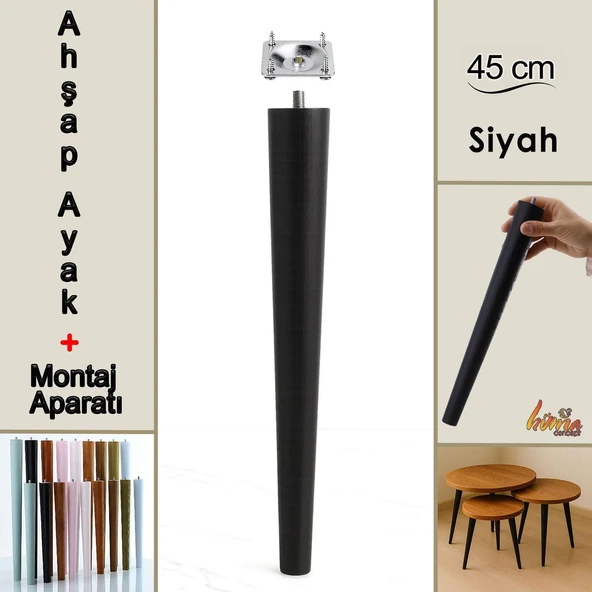 Ahşap Ayak 45 Cm Siyah M8 Civatalı Bağlantı Aparatlı Mobilya Tabure Sehpa Masa Destek Ayağı ürün görseli 1