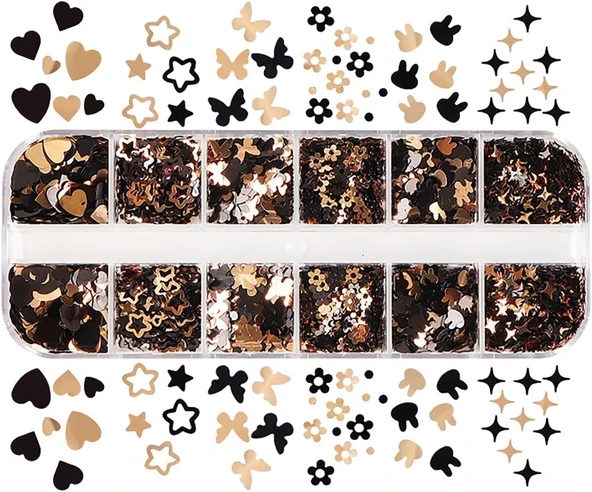 Siyah ve Gold Tırnak Süsleme Folyo Pulları Karışık Dizayn Kelebek Kalp Tavşan Yıldızlar Nail Art ürün görseli 1
