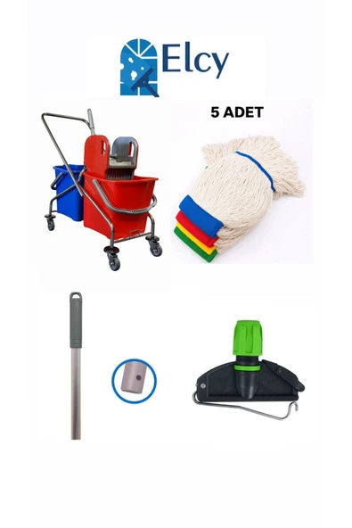 ELCY Çift Kovalı Krom Temizlik Arabası Paspas Arabası Islak Mop Seti 5 Adet Mop ürün görseli 1