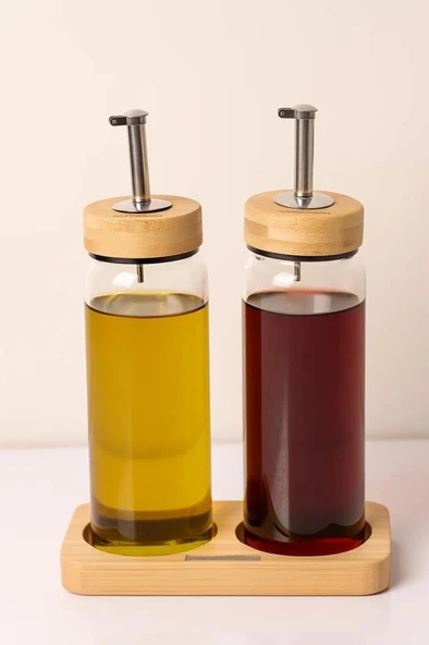 Bambu Kapaklı Cam Yağlık & Sirkelik Seti – 2'li Standlı 300ml ürün görseli 1