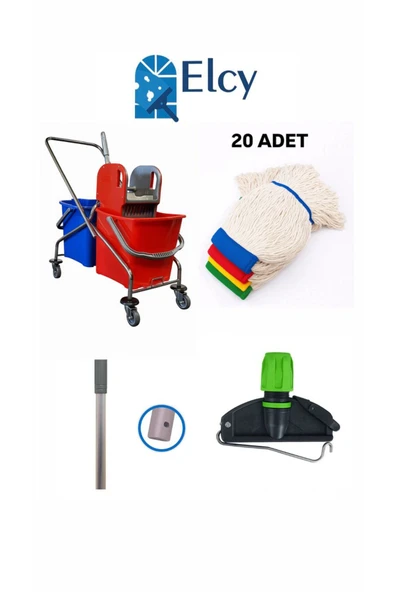 ELCY Çift Kovalı Krom Temizlik Arabası Paspas Arabası Islak Mop 20 Adet Mop ürün görseli 1
