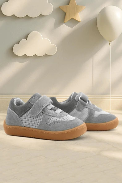 Rakerplus Bob Hakiki Deri Gri Barefoot Cırtlı Lastikli Bebek Sneaker Ayakkabı ürün görseli 1