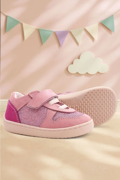 Rakerplus Bob Hakiki Deri Pembe Simli Barefoot Cırtlı Lastikli Bebek Sneaker Ayakkabı ürün görseli 1