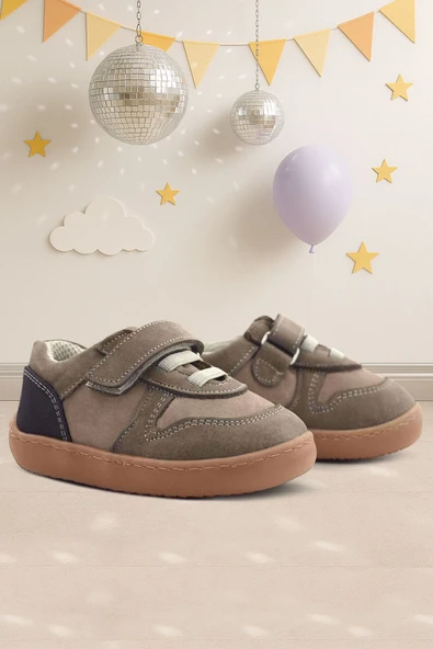 Rakerplus Bob Hakiki Deri Kum Krem Barefoot Cırtlı Lastikli Bebek Sneaker Ayakkabı ürün görseli 1