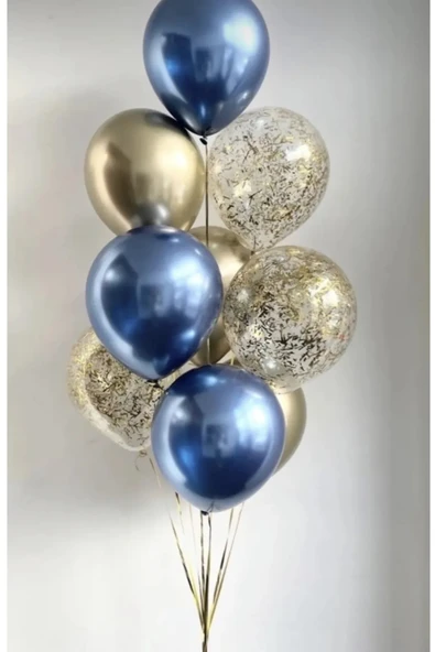 10 Adet 12 Inç Krom Gold Krom Mavi Ve Konfetili Karışık Balon ürün görseli 1