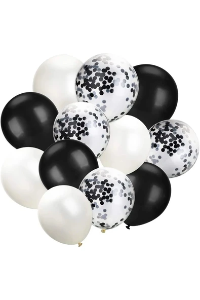10 Adet 12 Inç Beyaz Siyah Ve Konfetili Karışık Balon ürün görseli 1
