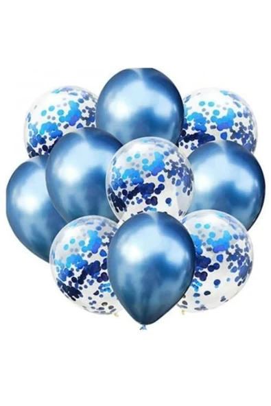 10 Adet 12 Inç Krom Mavi Ve Konfetili Karışık Balon ürün görseli 1