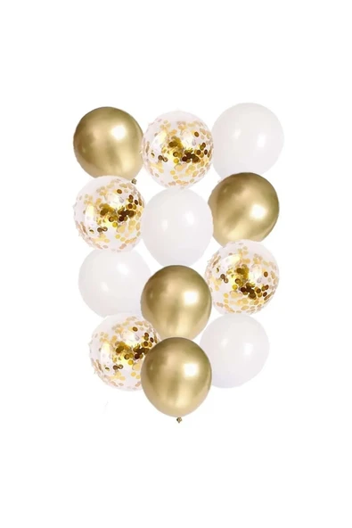 10 Adet 12 Inç Beyaz Krom Gold Ve Konfetili Karışık Balon ürün görseli 1