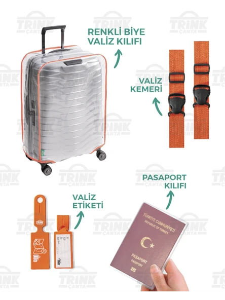 Şeffaf Valiz Kılıfı Seti (Valiz Kılıfı-Valiz Kemeri-Valiz Etiketi-Pasaport Kılıfı) Turuncu Biyeli ürün görseli 1