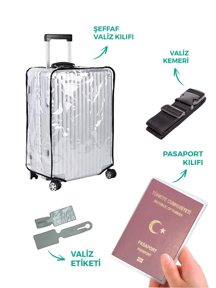 Şeffaf Valiz Kılıfı Seti (Valiz Kılıfı-Valiz Kemeri-Valiz Etiketi-Pasaport Kılıfı) ürün görseli 1