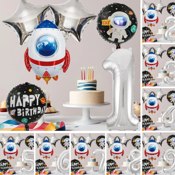 Uzay Temalı Doğum Günü Seti Uzay Mekiği Happy Birthday Yazı Renkli Balonlar Gümüş Folyo Rakam ürün görseli 1