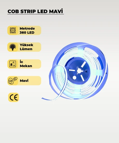12V COB Şerit Led Mavi Işık  - Metrede 360 Led - 5 Metre ürün görseli 1