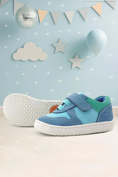 Rakerplus Bob Hakiki Deri Mavi Yeşil Barefoot Cırtlı Lastikli Bebek Sneaker Ayakkabı ürün görseli 1