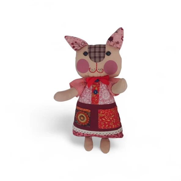 Kedi Hanım Patchwork Kırmızı Yanak Bez Bebek ürün görseli 1