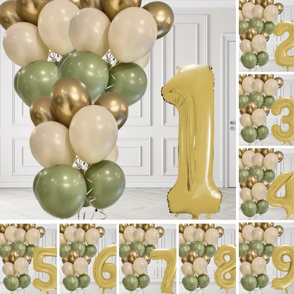 Retro Küf Yeşili Krom Gold Kum Beji Balon Seti Gold Rakam Doğum Günü Balonu Şık Parti Süsleme ürün görseli 1