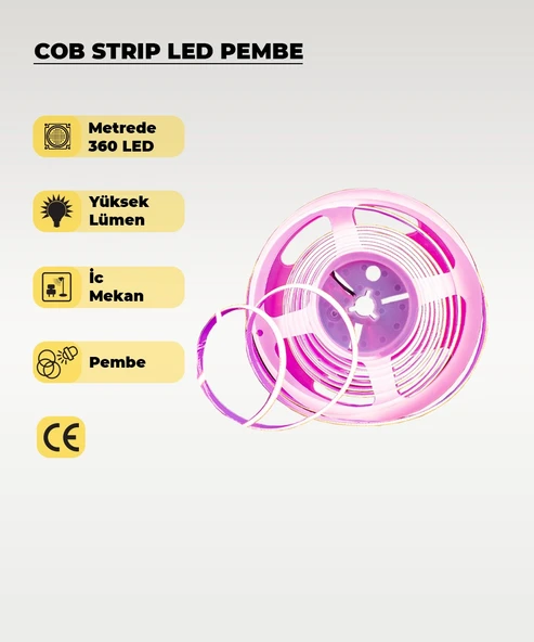 12V COB Şerit Led Pembe Işık  - Metrede 360 Led - 5 Metre ürün görseli 1